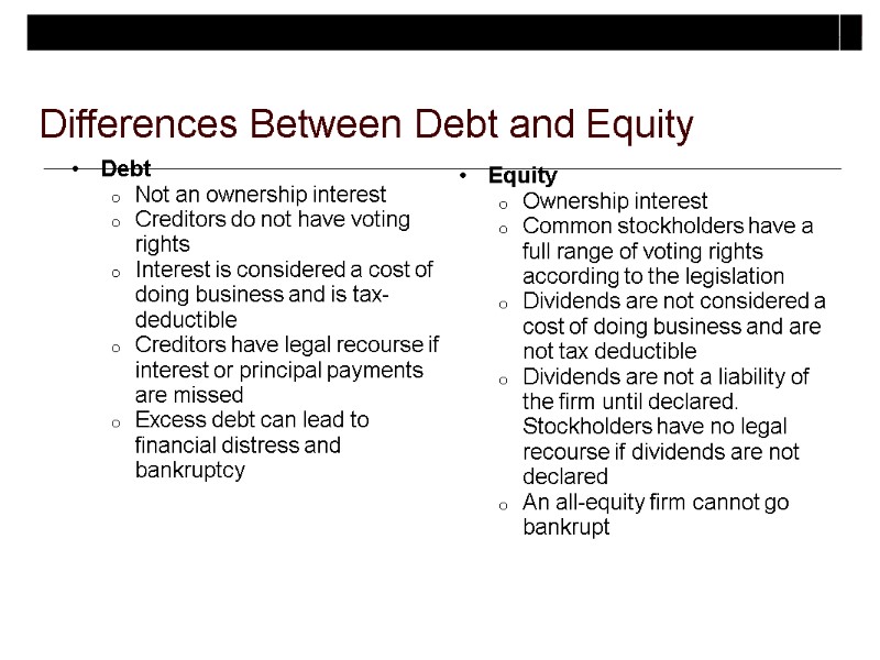 Differences Between Debt and Equity Debt Not an ownership interest Creditors do not have